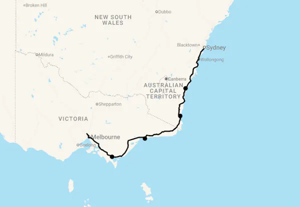 Karte 6 Tage Von Sydney nach Melbourne (Küstenroute)