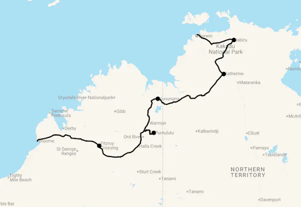 Karte 8 Tage Von Broome nach Darwin (Northern Outback Adventure Kimberleys)