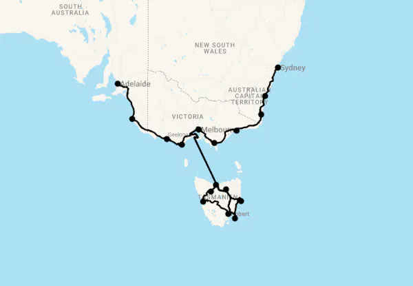 Karte 25 Tage Die Südroute von Sydney nach Adelaide mit Abstecher Tasmanien