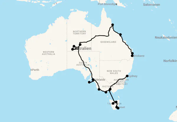 Karte 25 Tage Highlights mit Spirit of Queensland & Tasmanien