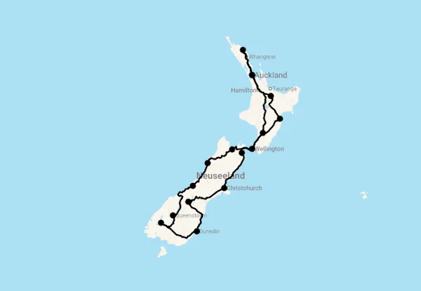 Karte 23 Tage Klassische Neuseeland Rundreise