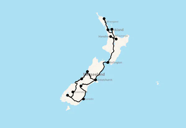 Karte 21 Tage Erlebnis Neuseeland auf Schiene und Straße