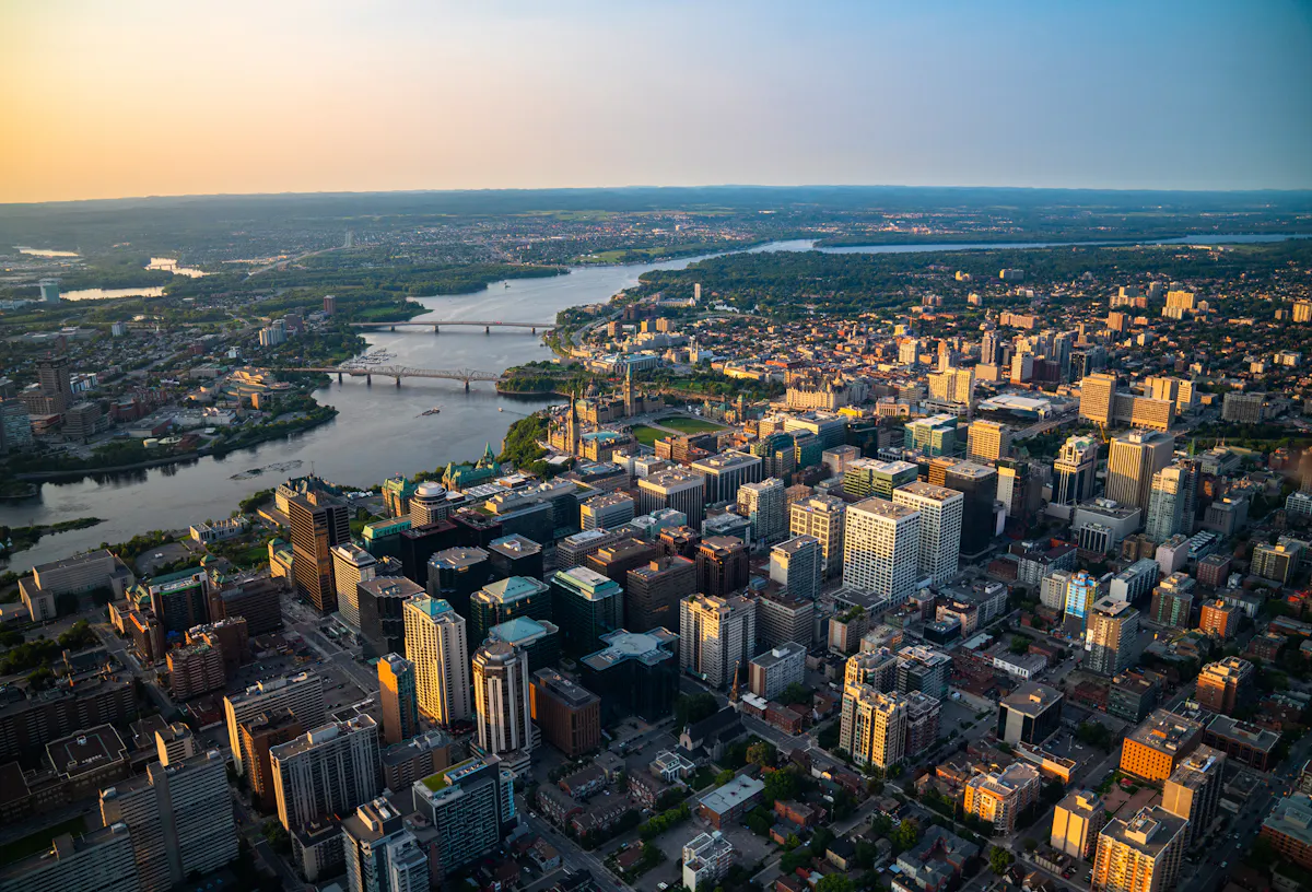 Aerial view of Ottawa Parliament Ottawa River credit Ottawa Tourism