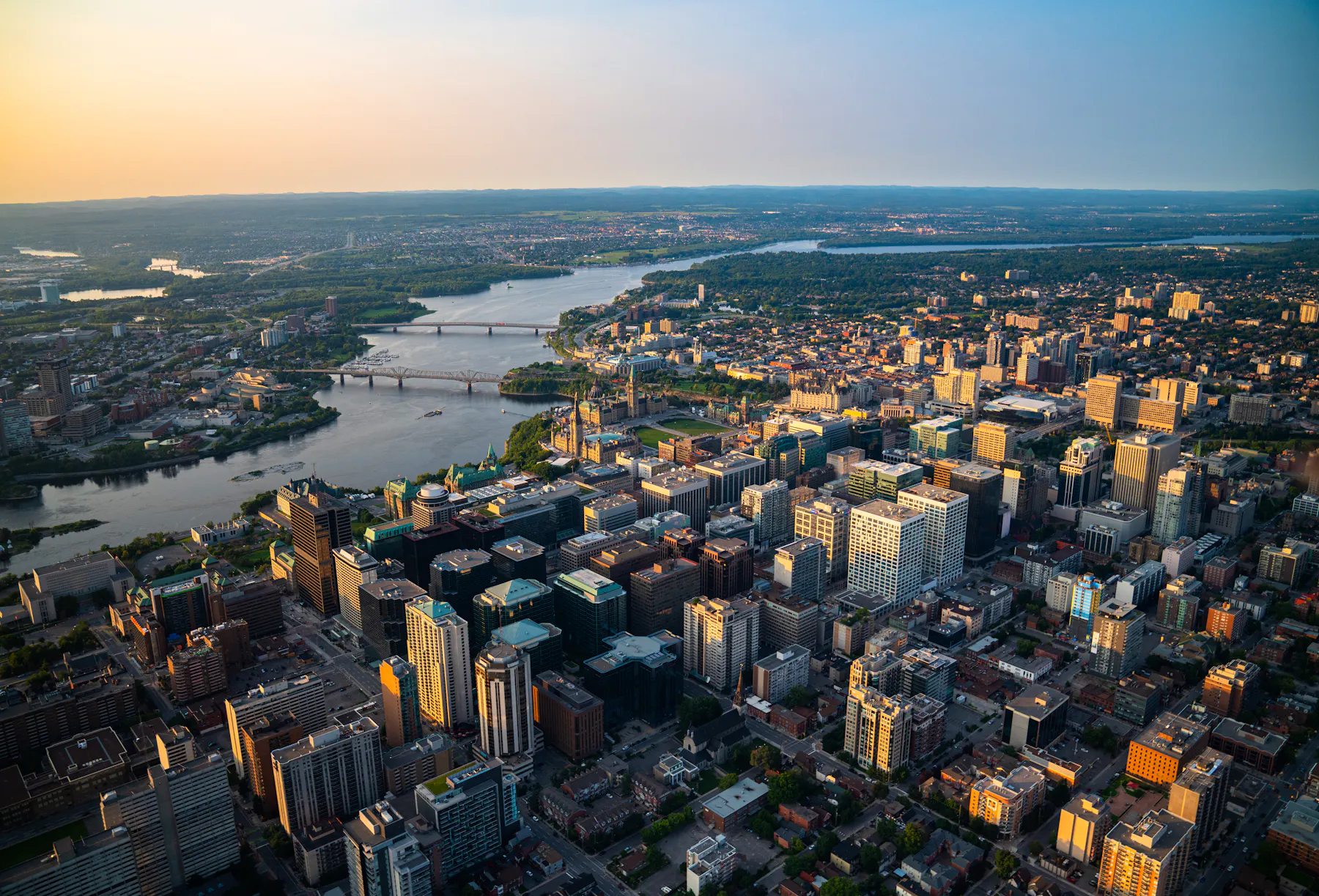 Aerial view of Ottawa Parliament Ottawa River credit Ottawa Tourism