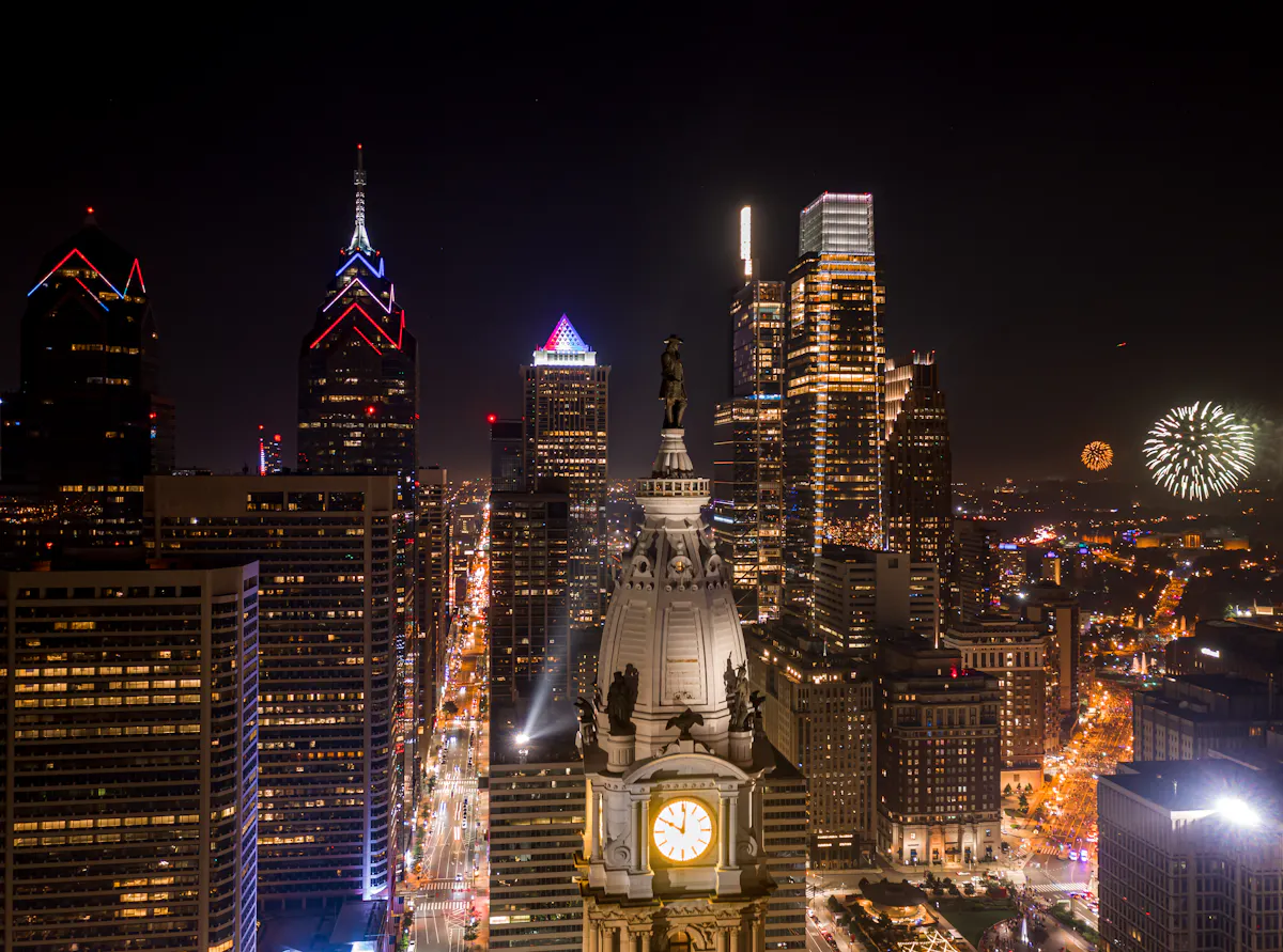 Philadelphia skyline with fireworks on 4th of July. Photo by Elevated Angles 1