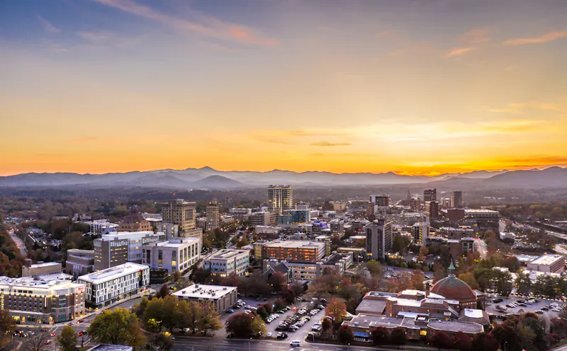 HDNorth CarolinaAshevilleAsheville Downtown Skyline and City View at Sunset