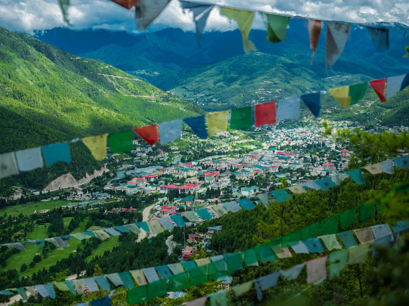 HDBhutanThimphuThimphu city view and prayer flags