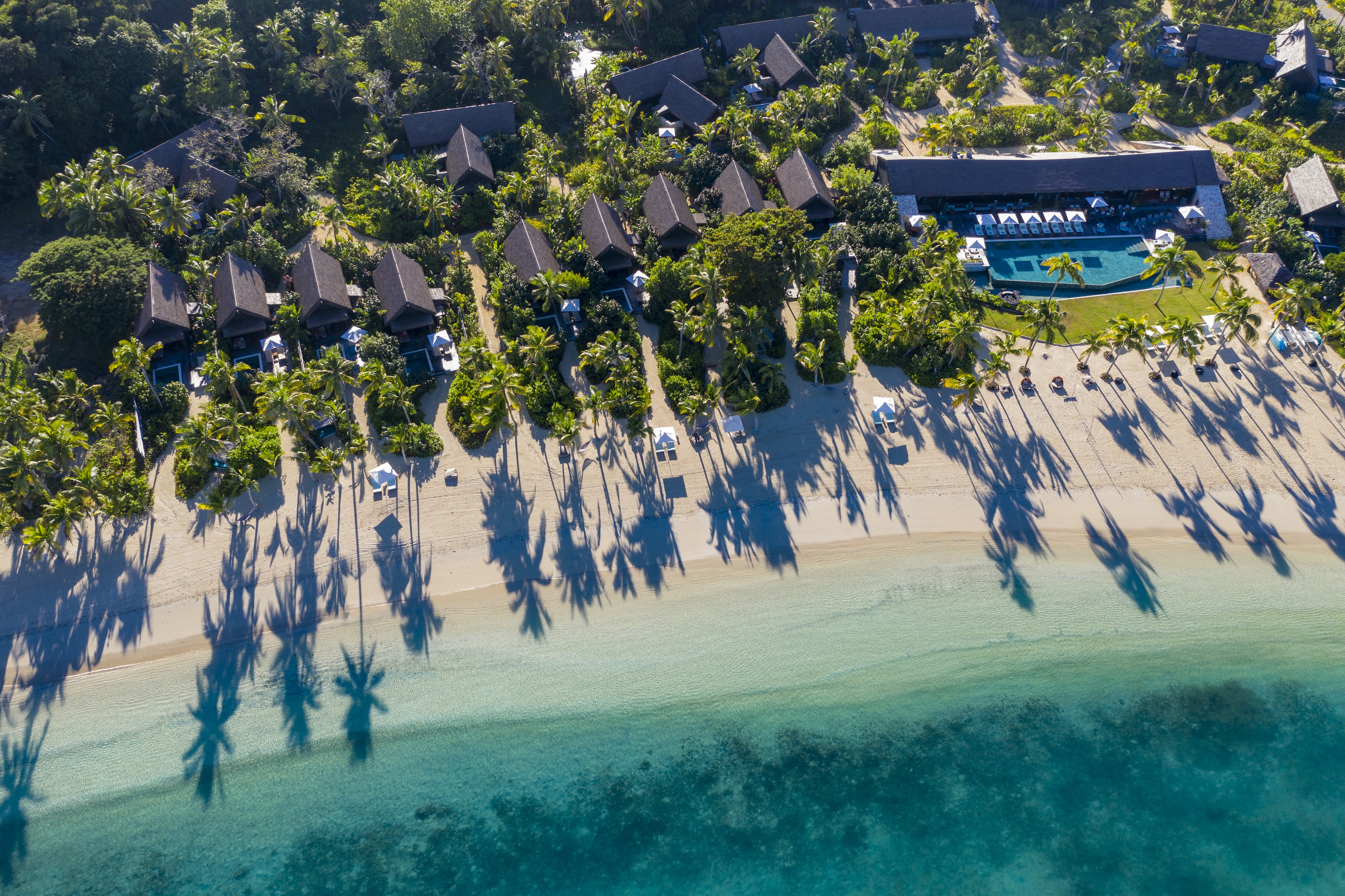 HDHotelFijiSix Senses FijiBeachfront Pool Villa aerial view Tovolea