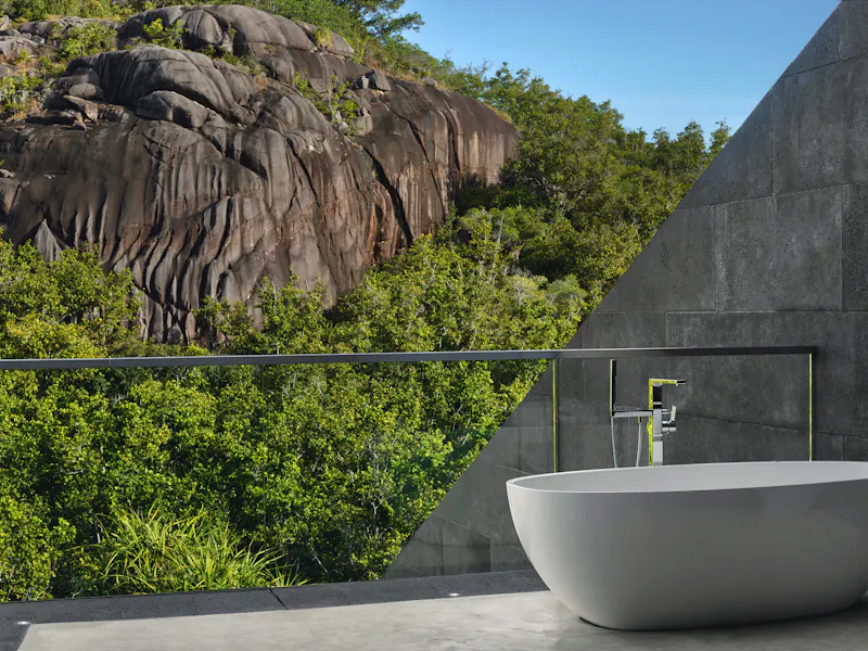 HDHotelSeychellenSix Senses Zil PasyonRes20 Guest Room Balcony Bath