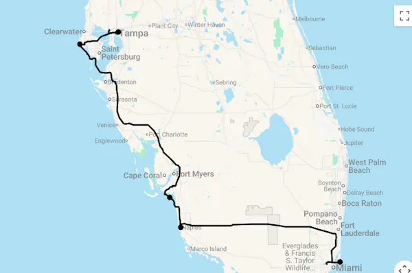 Karte 13 Tage Westküste Florida & Miami mit Flug